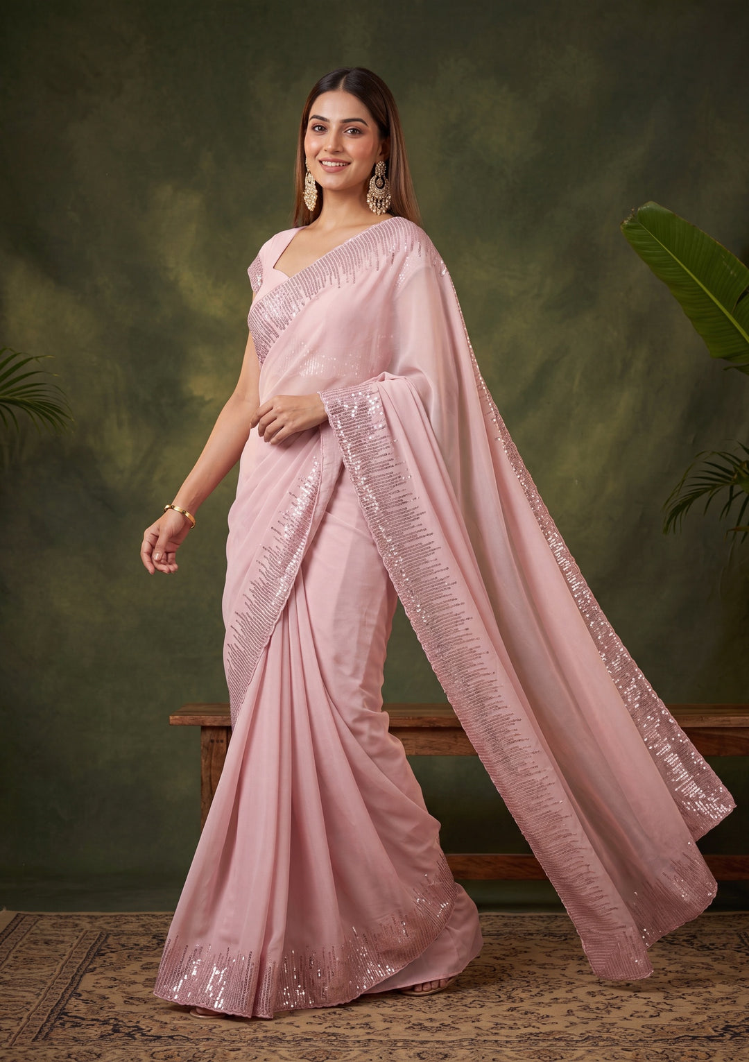 Baby Pink Sequins Georgette Saree