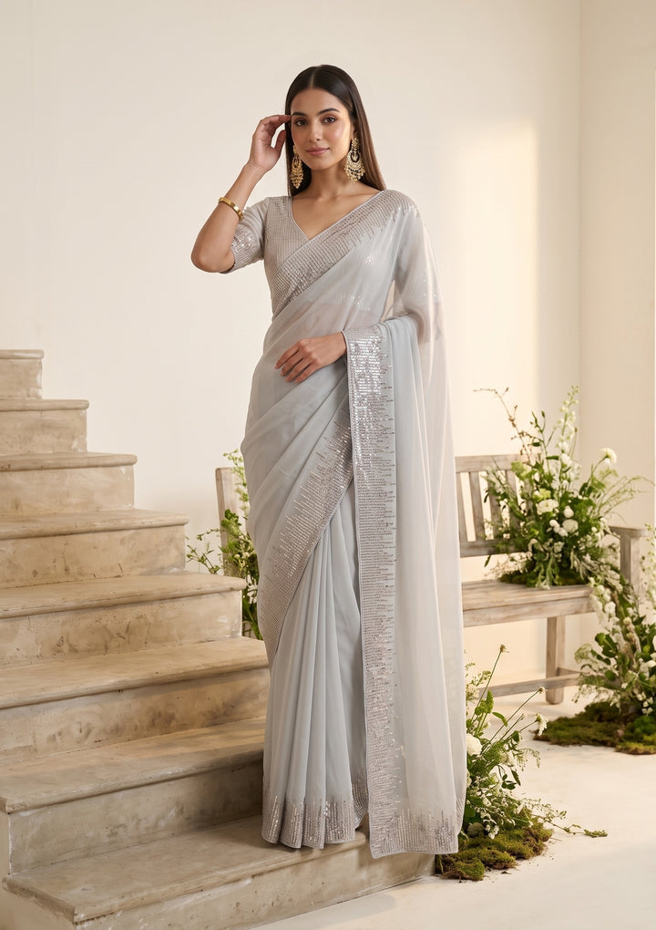 Grey Sequins Georgette Saree