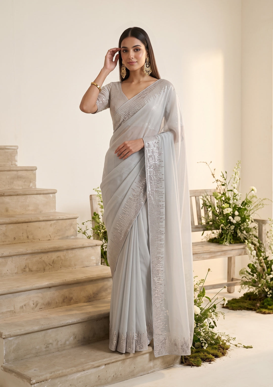 Light Grey Sequins Georgette Saree