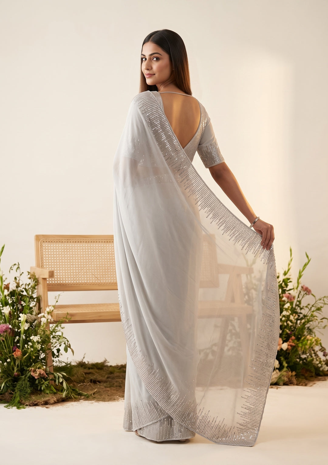 Grey Sequins Georgette Saree