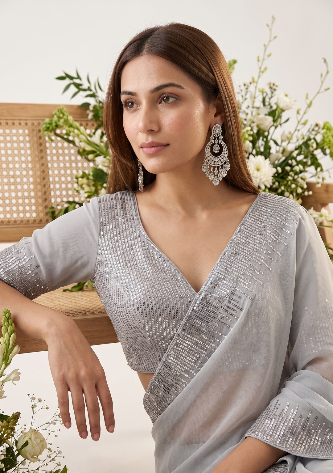 Grey Sequins Georgette Saree