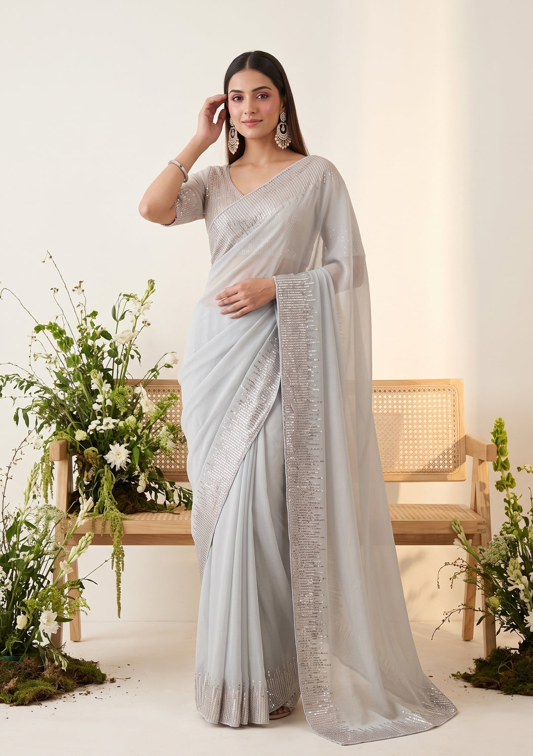 Grey Sequins Georgette Saree