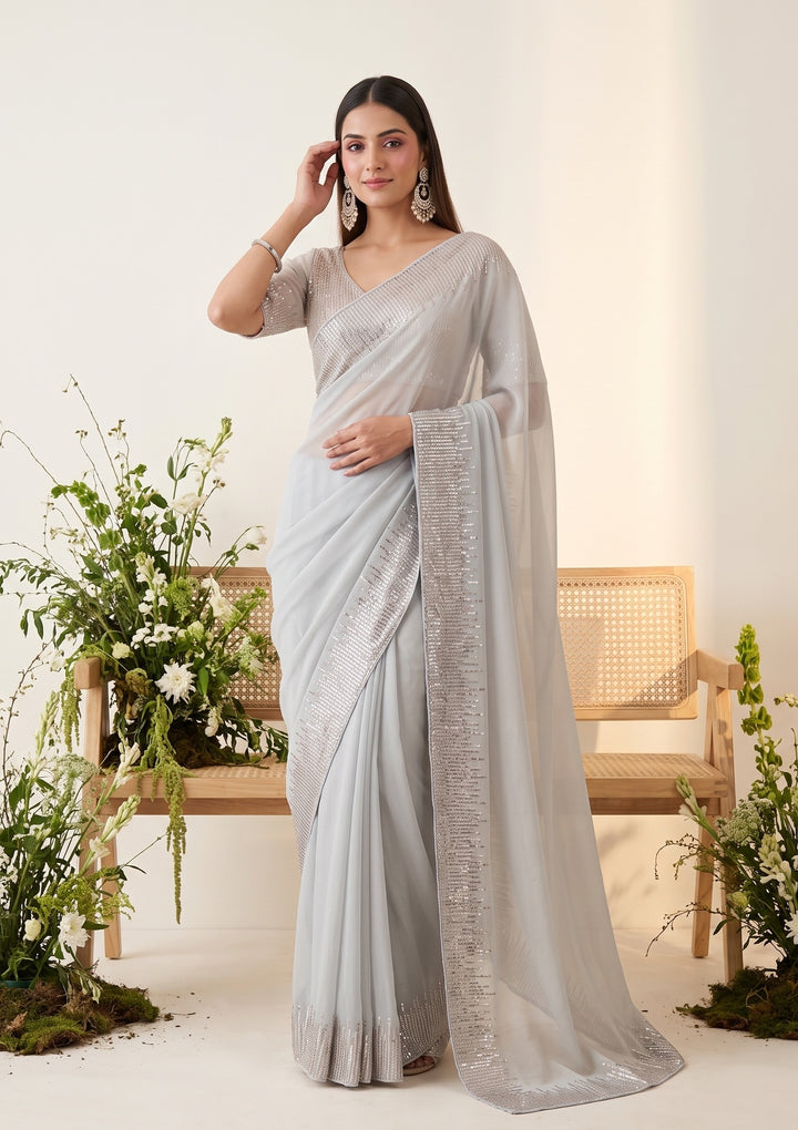 Grey Sequins Georgette Saree