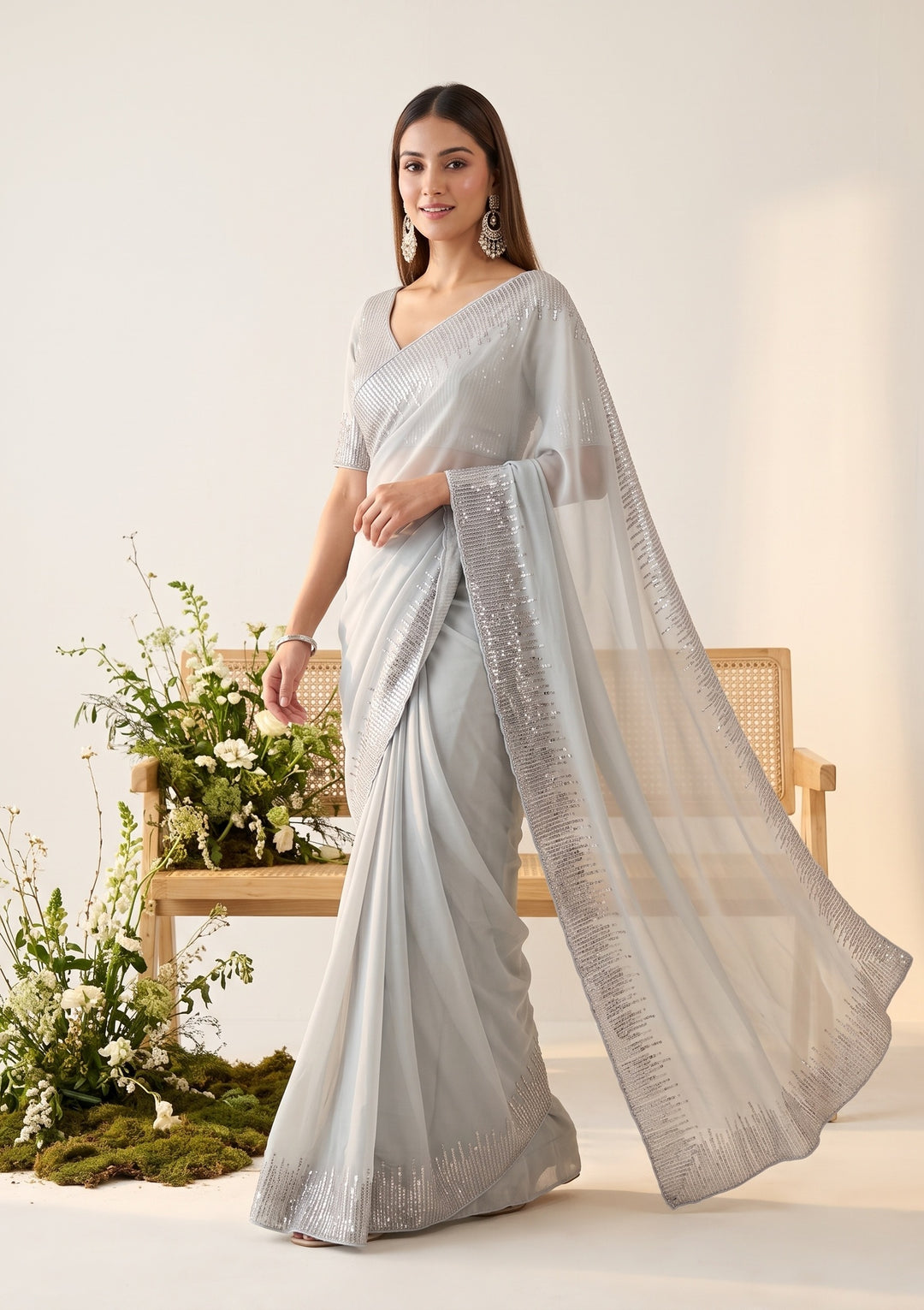 Grey Sequins Georgette Saree