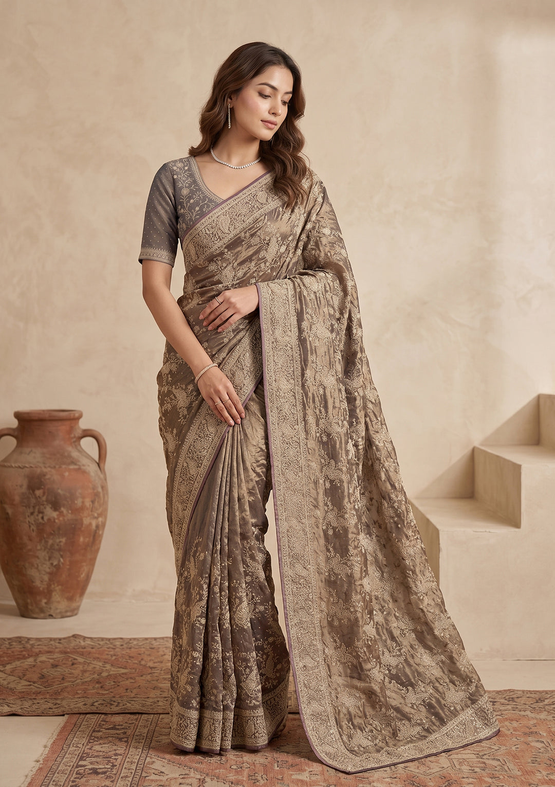 Grey Zariwork (Gold) Tissue Saree