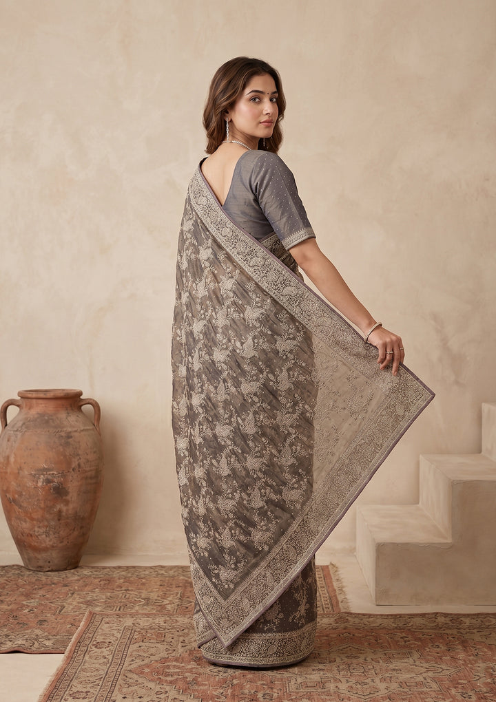 Grey Zariwork (Gold) Tissue Saree