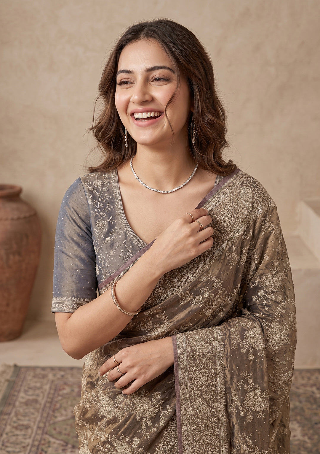 Grey Zariwork (Gold) Tissue Saree