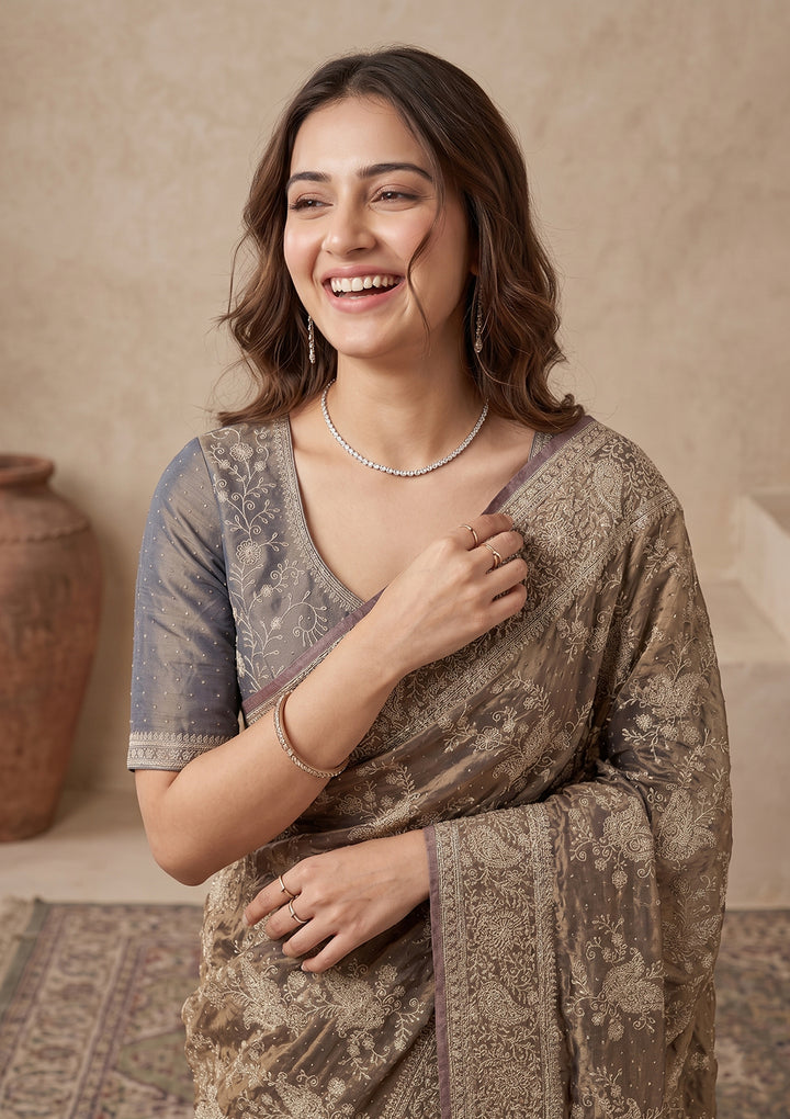Grey Zariwork (Gold) Tissue Saree