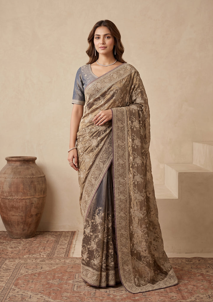 Grey Zariwork (Gold) Tissue Saree