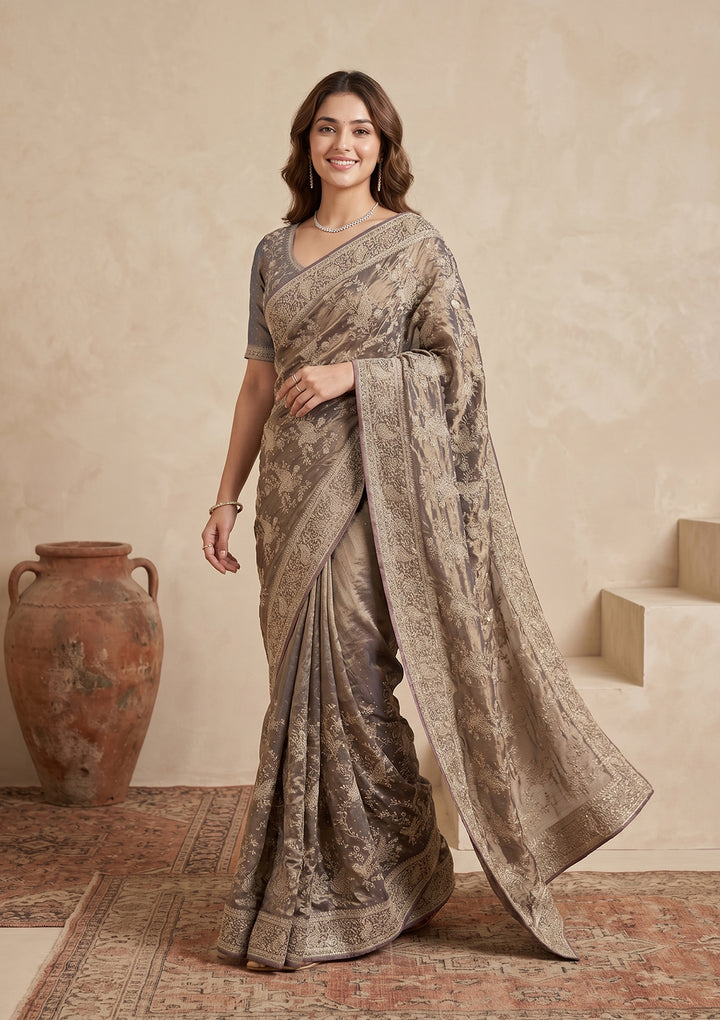 Grey Zariwork (Gold) Tissue Saree