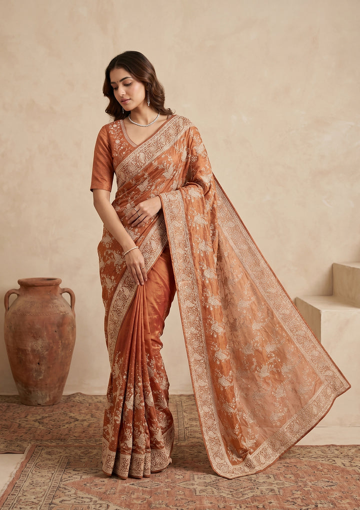 Rust Zariwork (Gold) Tissue Saree