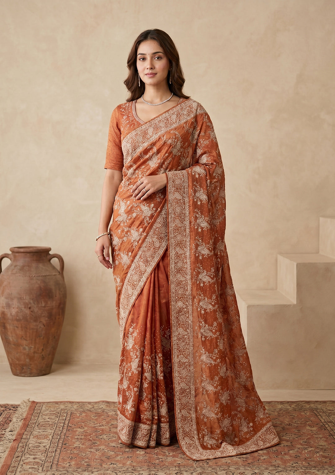 Rust Zariwork (Gold) Tissue Saree