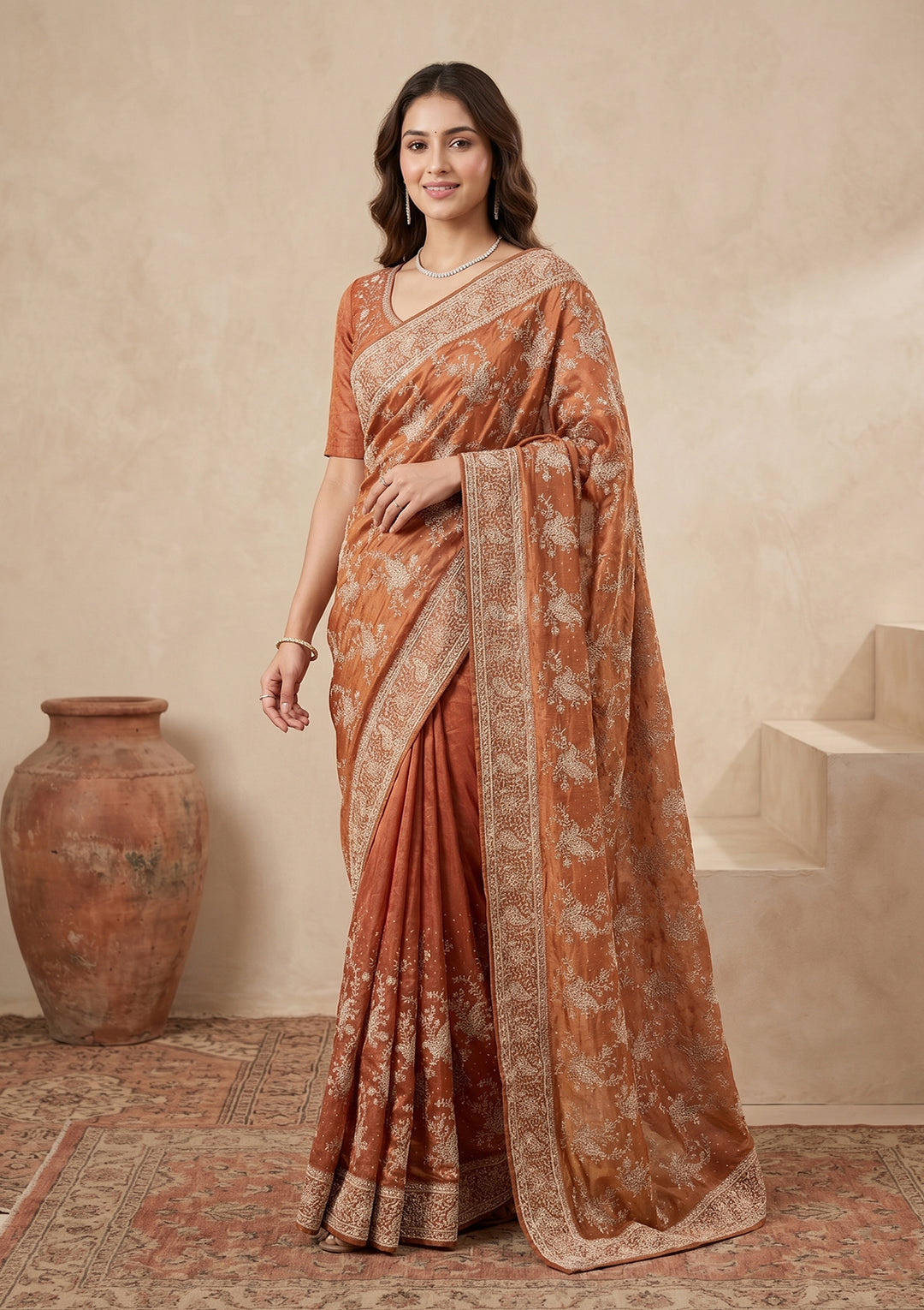 Rust Zariwork (Gold) Tissue Saree