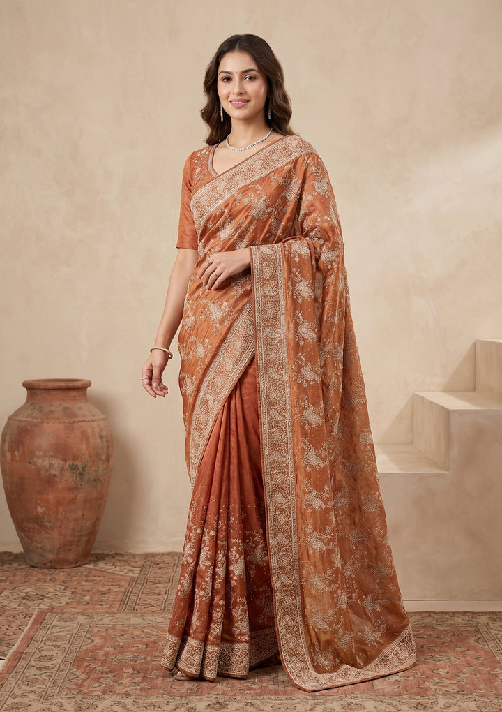 Rust Zariwork (Gold) Tissue Saree