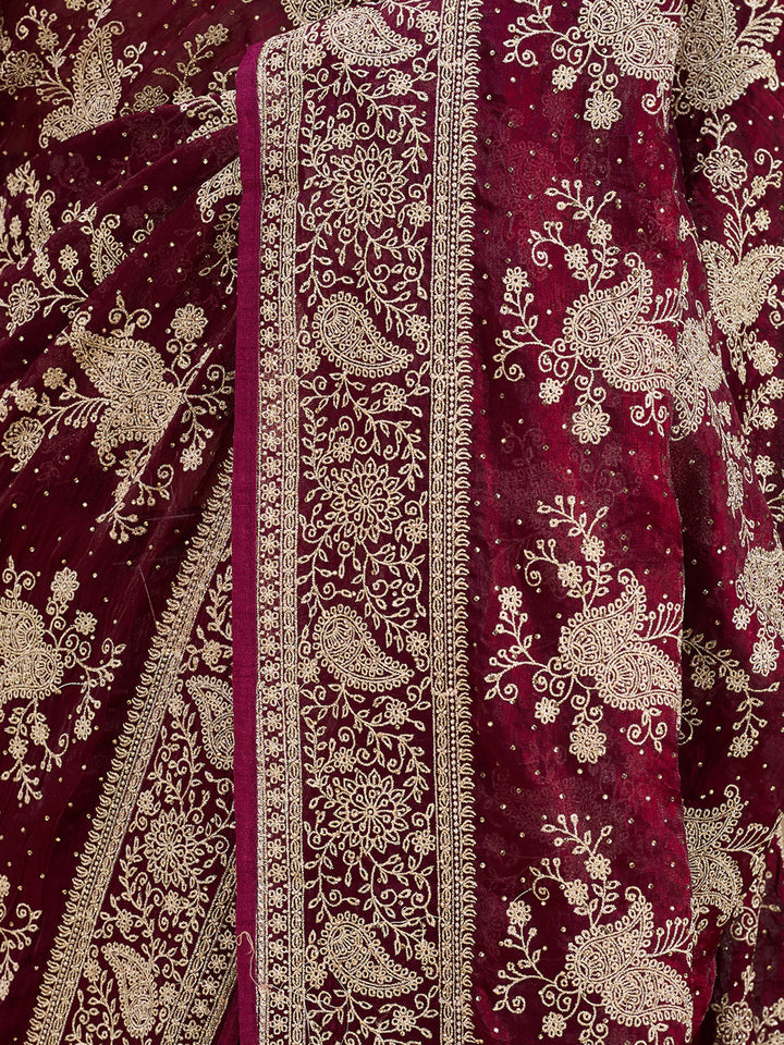 Wine Zariwork (Gold) Tissue Saree