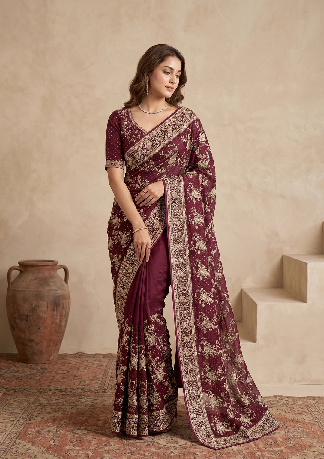 Wine Zariwork (Gold) Tissue Saree