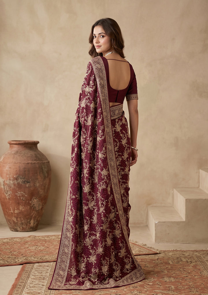 Wine Zariwork (Gold) Tissue Saree