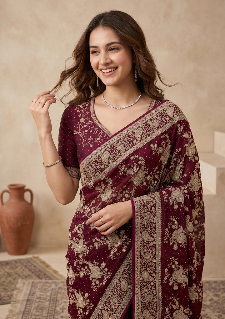 Wine Zariwork (Gold) Tissue Saree