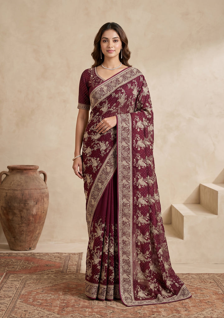 Wine Zariwork (Gold) Tissue Saree