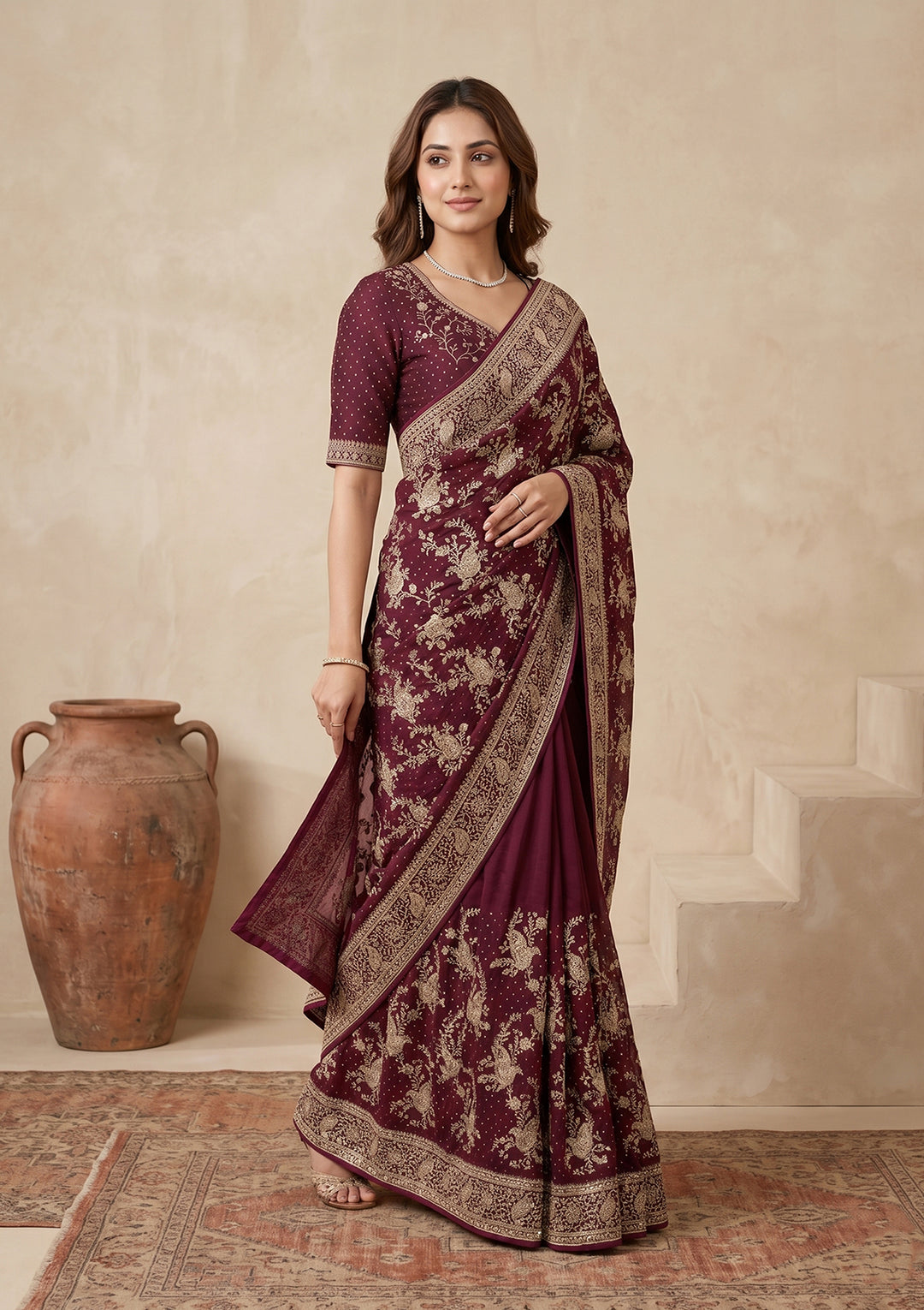 Wine Zariwork (Gold) Tissue Saree