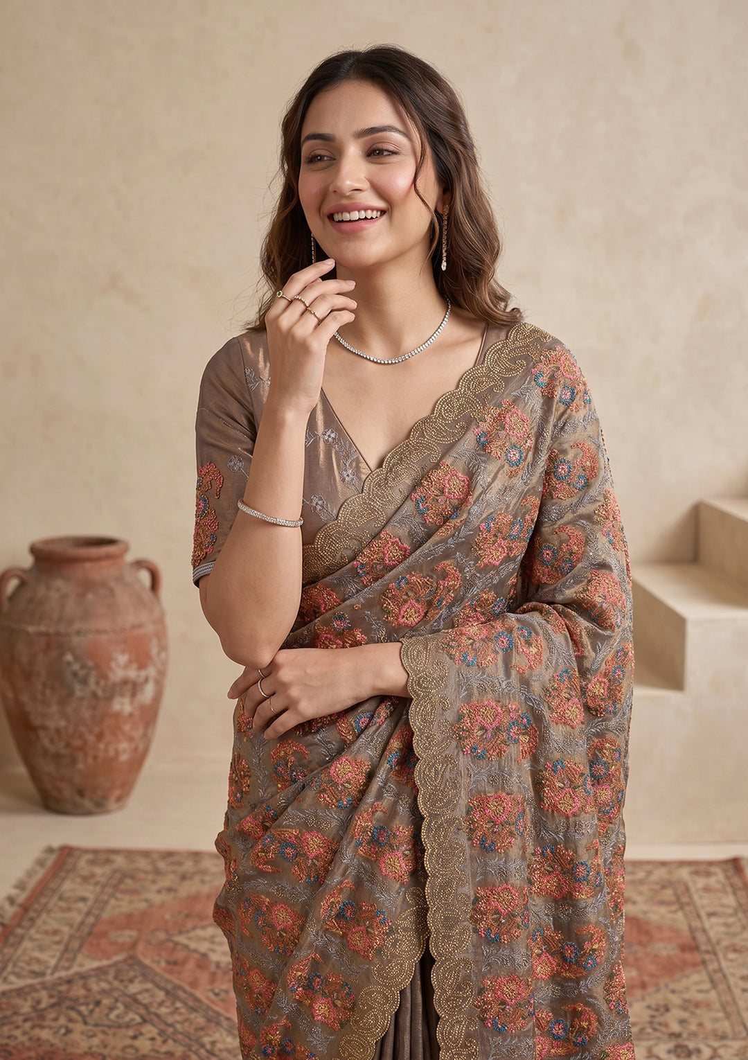 Grey Kashmiri Tissue Saree
