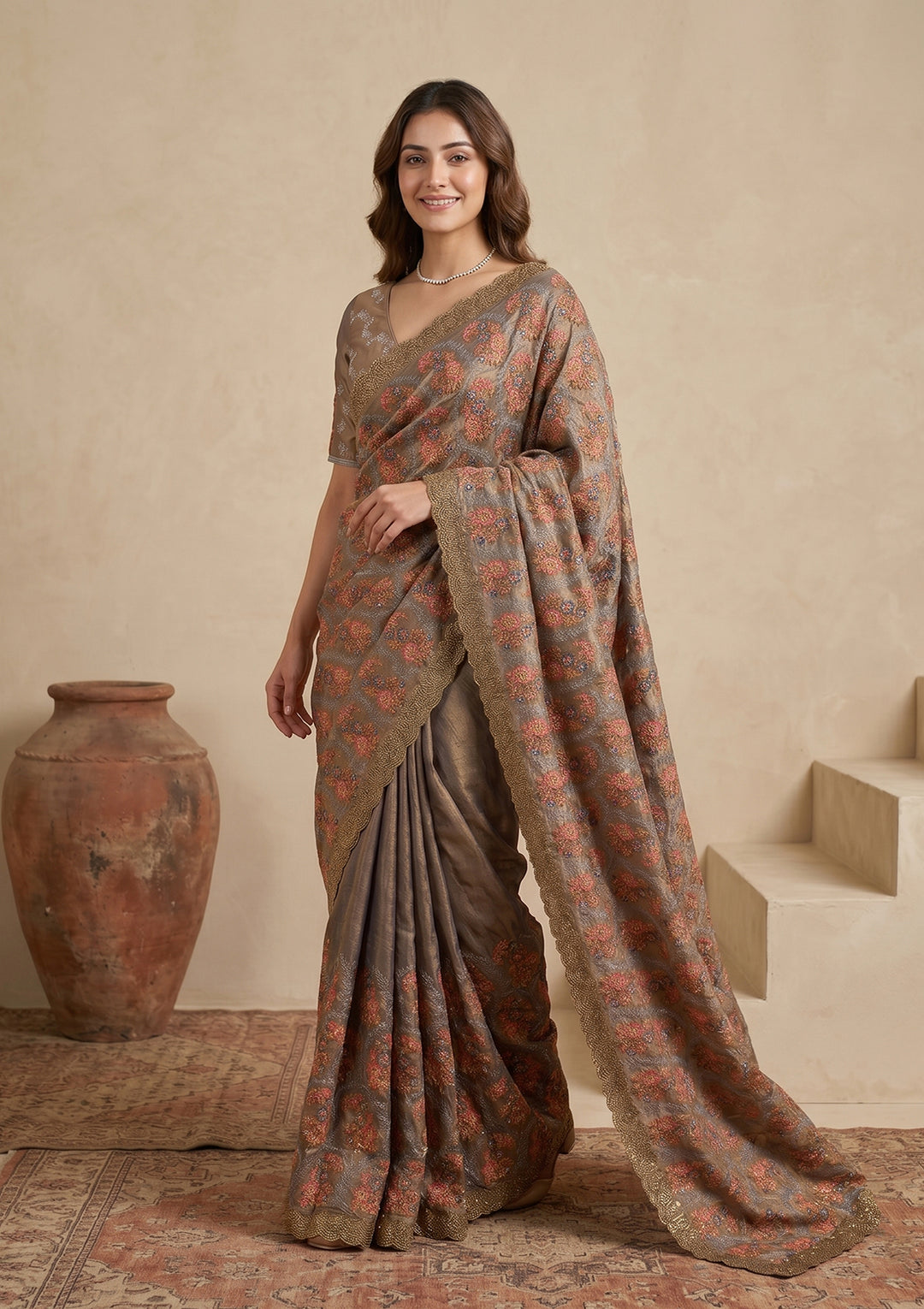 Grey Kashmiri Tissue Saree