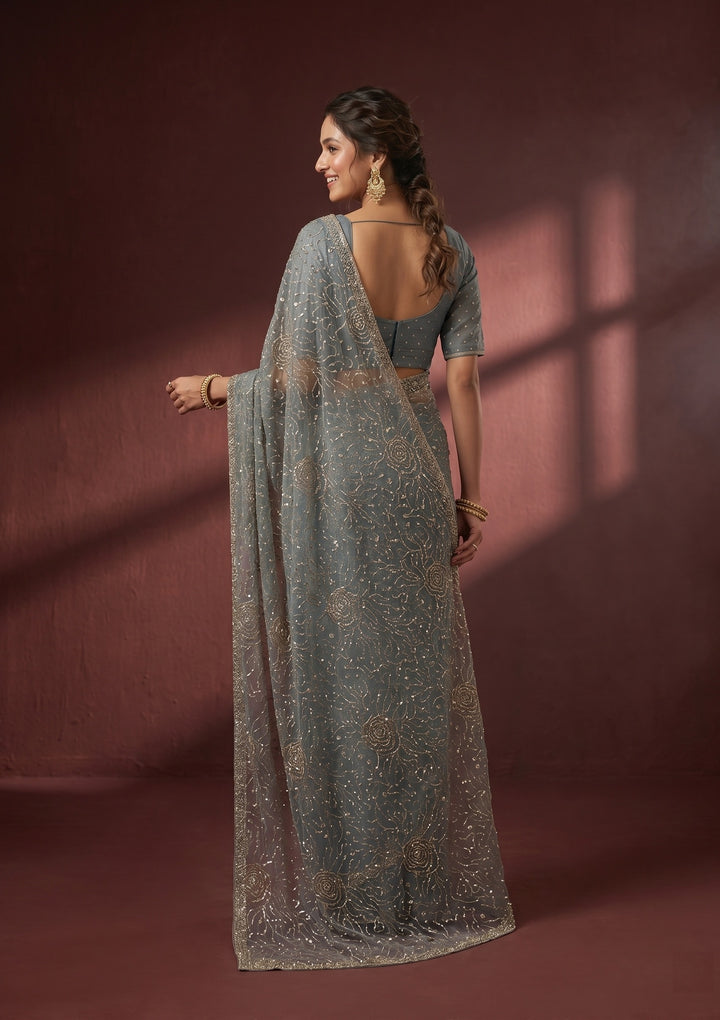 Blue Stonework (Gold) Tissue Saree