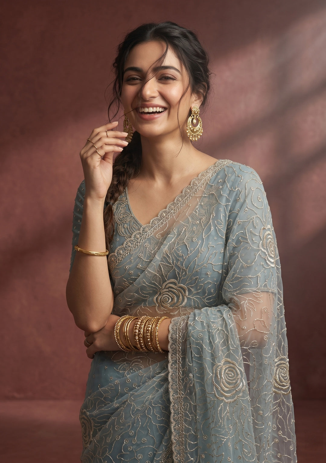 Blue Stonework (Gold) Tissue Saree