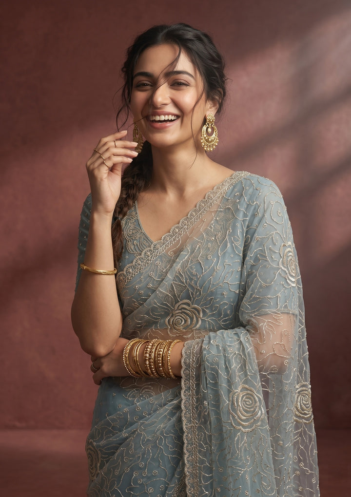 Blue Stonework (Gold) Tissue Saree