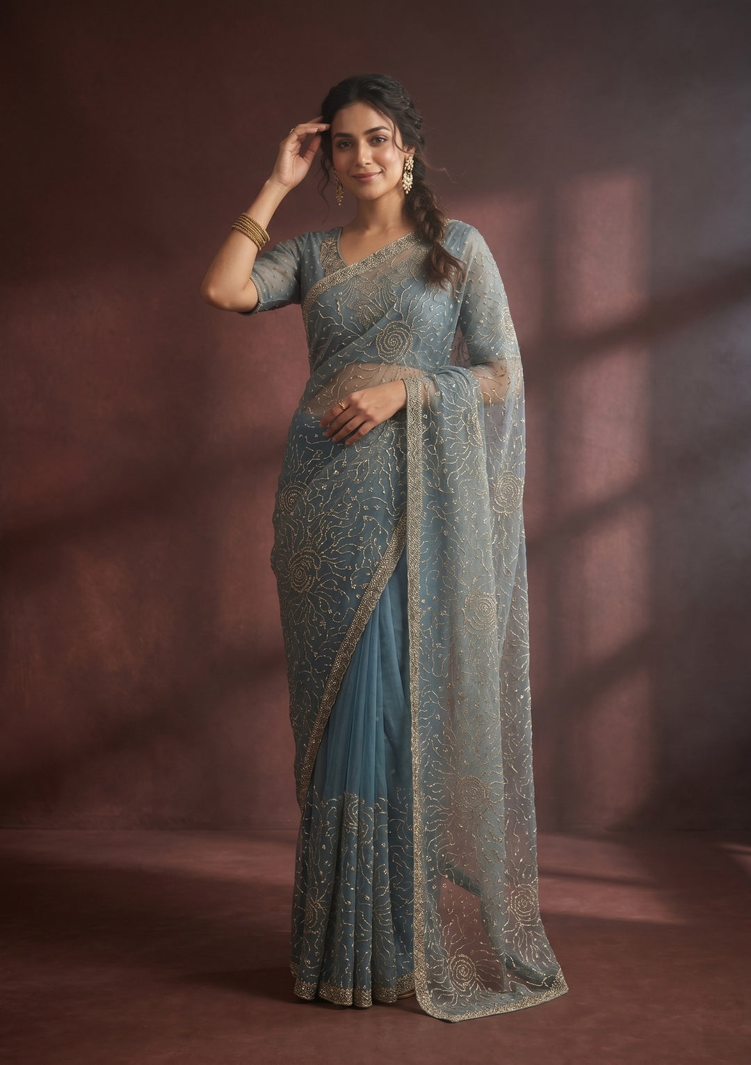 Blue Stonework (Gold) Tissue Saree