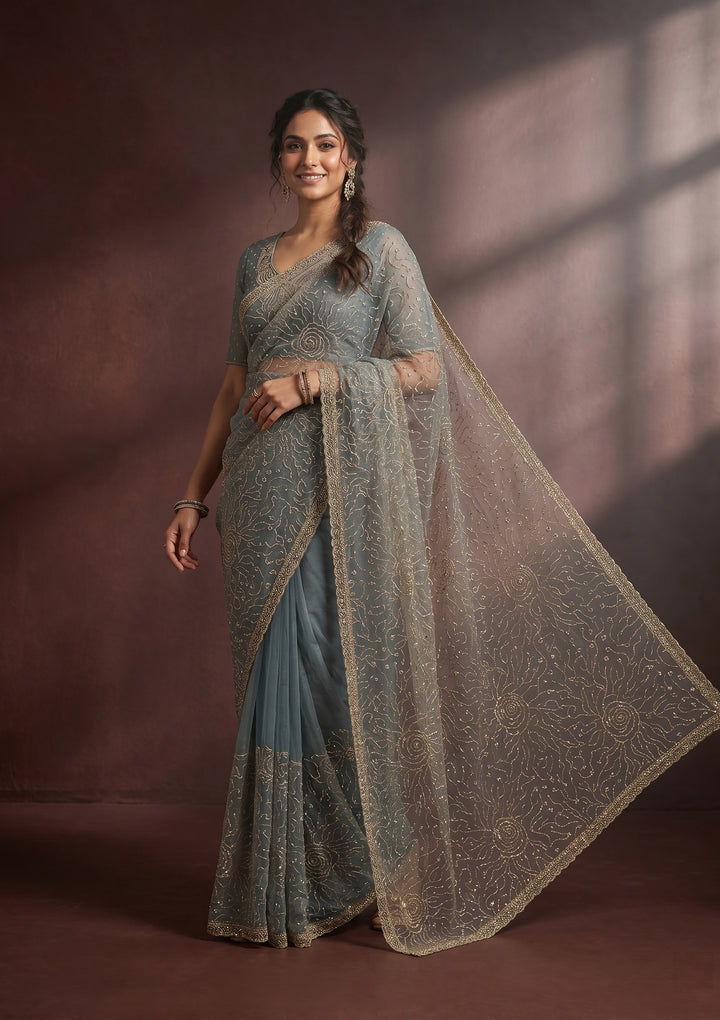 Blue Stonework (Gold) Tissue Saree