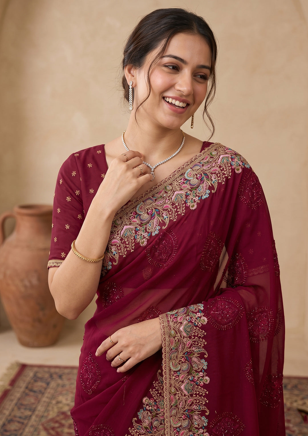Wine Kashmiri Georgette Saree