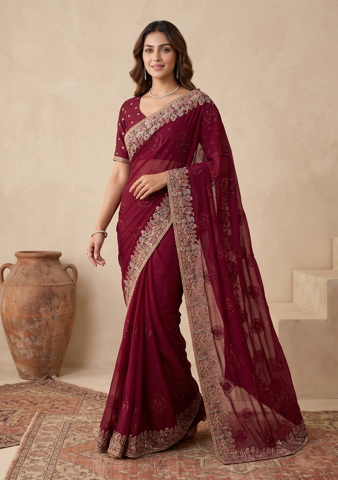 Wine Kashmiri Georgette Saree