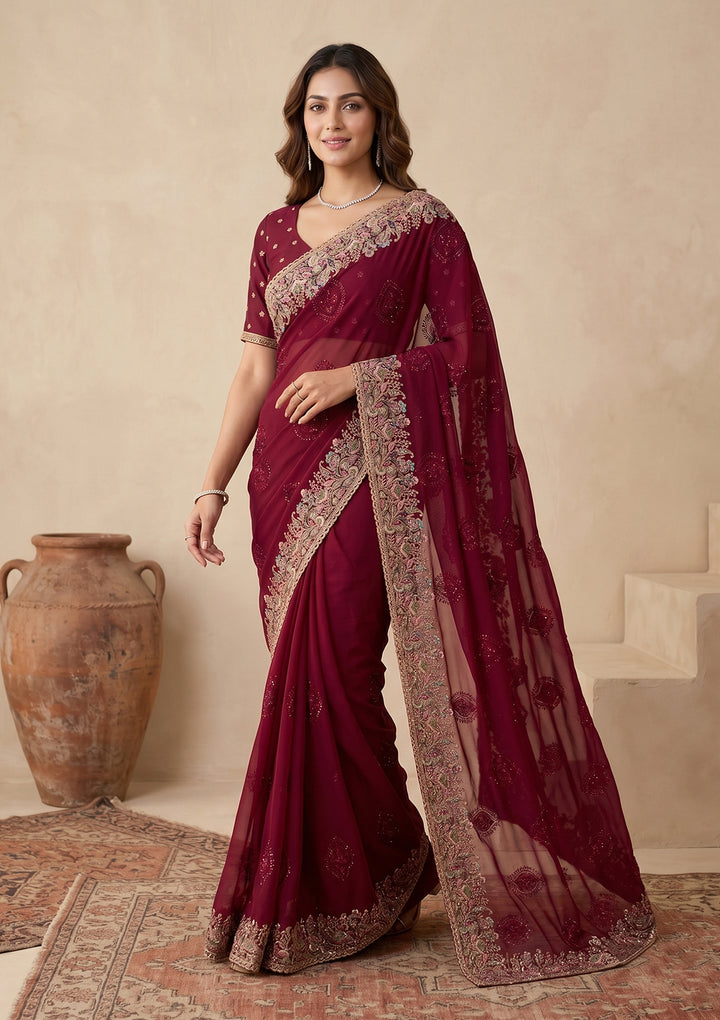 Wine Kashmiri Georgette Saree