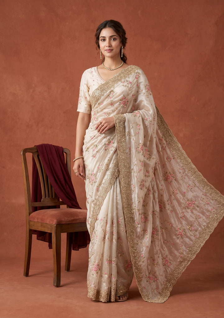 Off White Threadwork Tissue Saree
