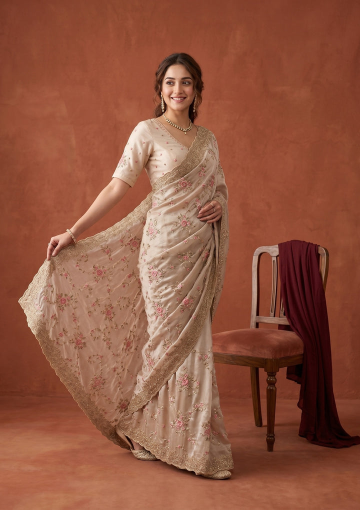 Off White Threadwork Tissue Saree