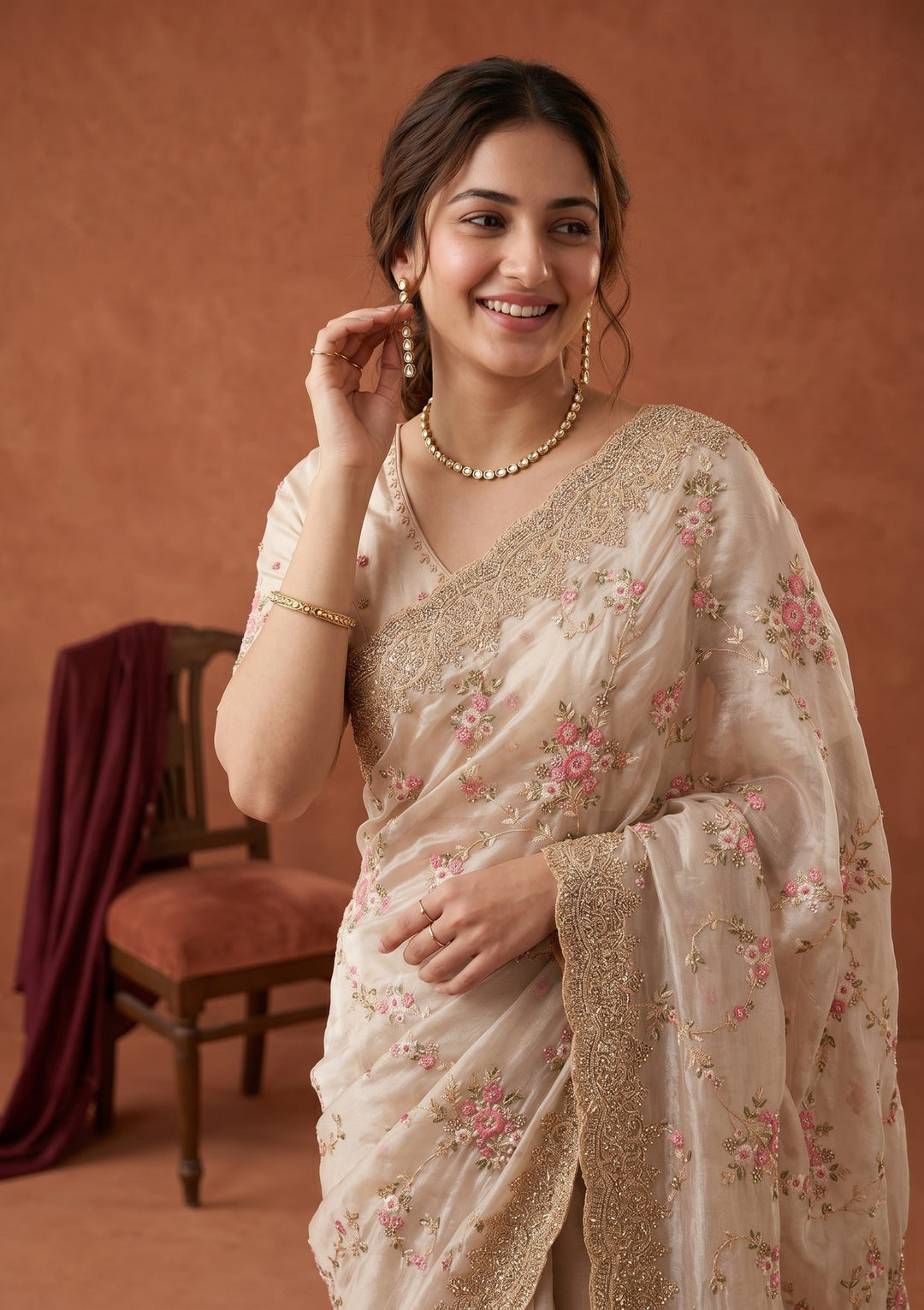 Off White Threadwork Tissue Saree