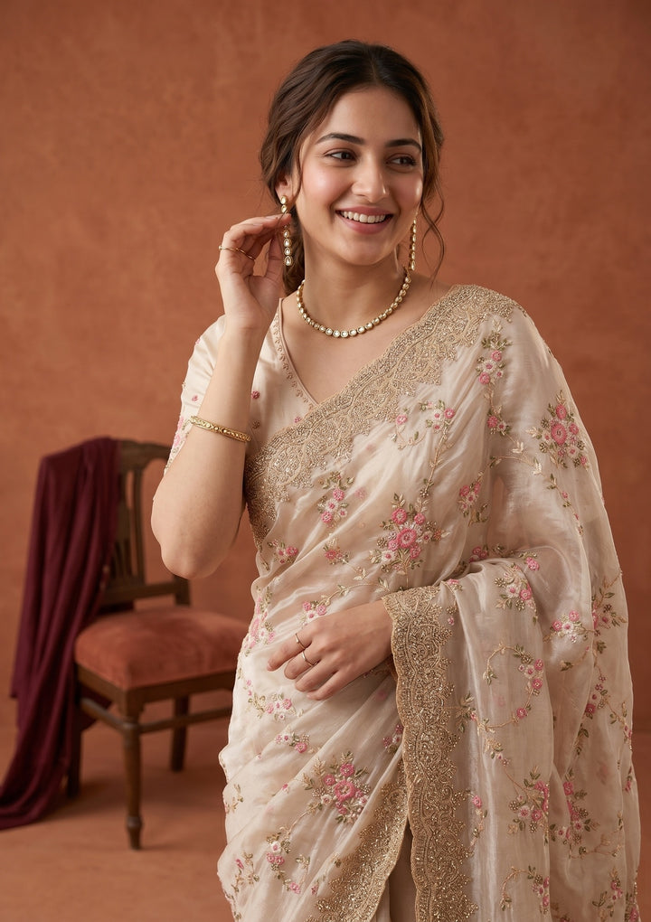 Off White Threadwork Tissue Saree