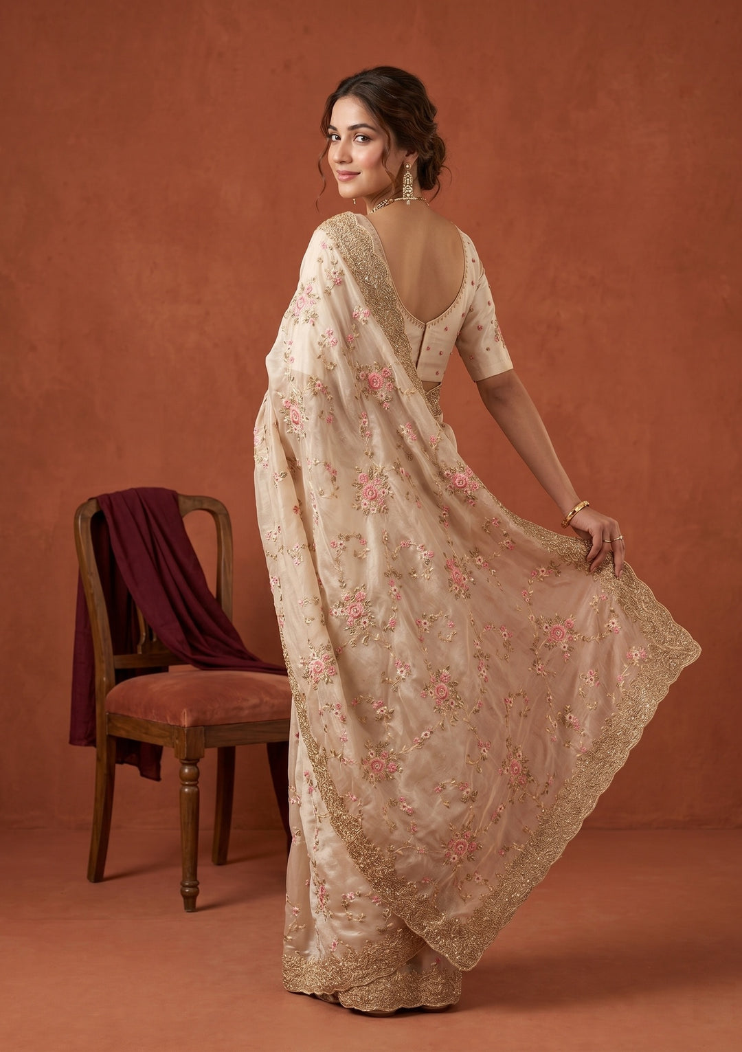 Off White Threadwork Tissue Saree
