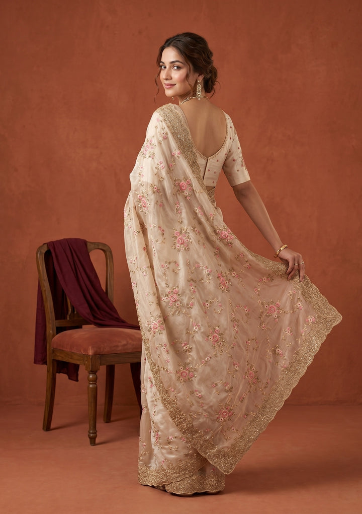 Off White Threadwork Tissue Saree