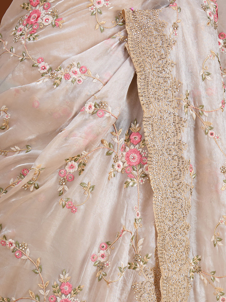 Off White Threadwork Tissue Saree