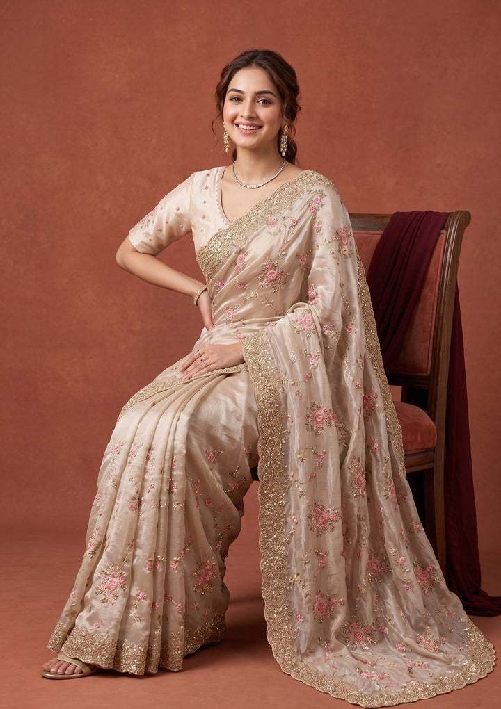 Off White Threadwork Tissue Saree
