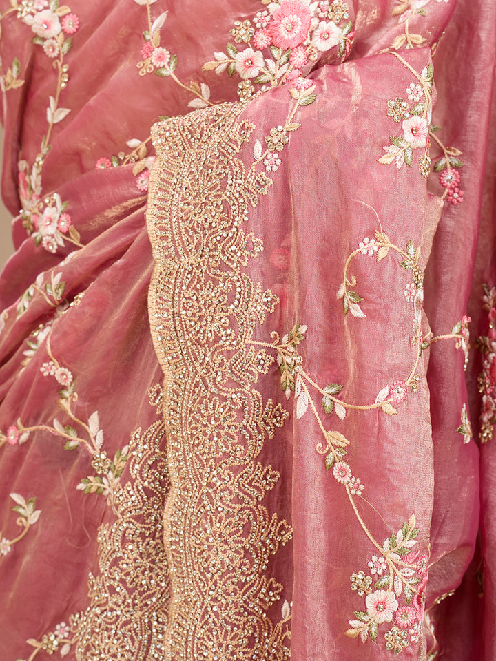 Pink Threadwork Tissue Saree