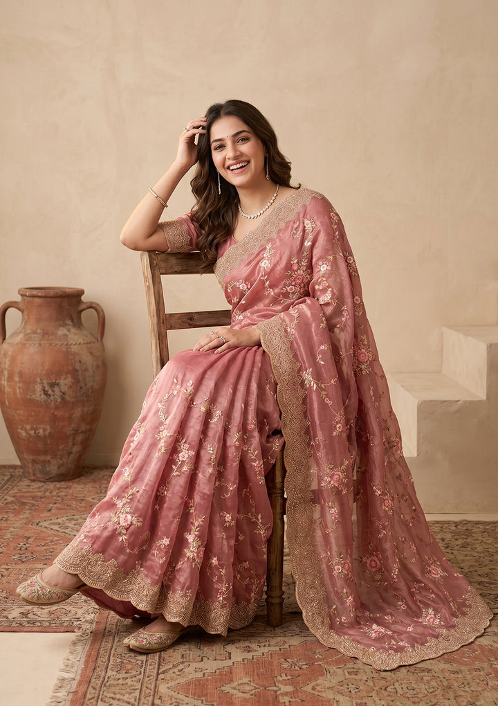 Pink Threadwork Tissue Saree