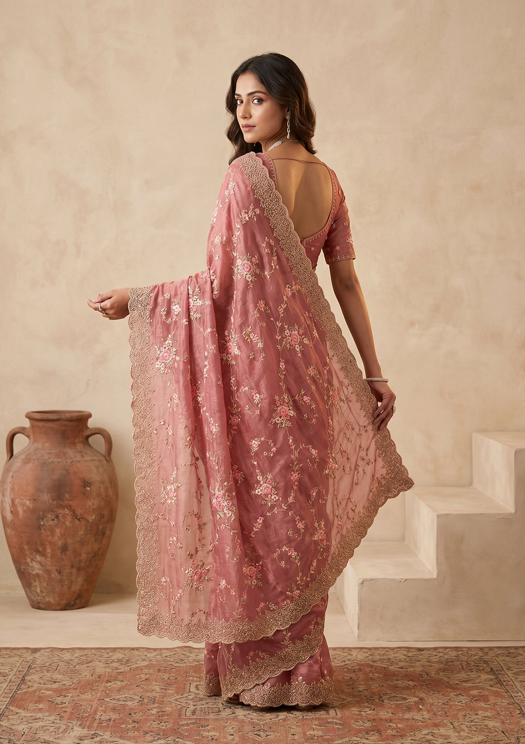 Pink Threadwork Tissue Saree