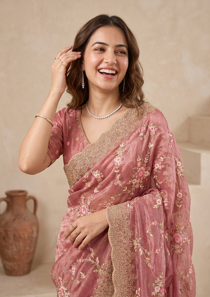 Pink Threadwork Tissue Saree