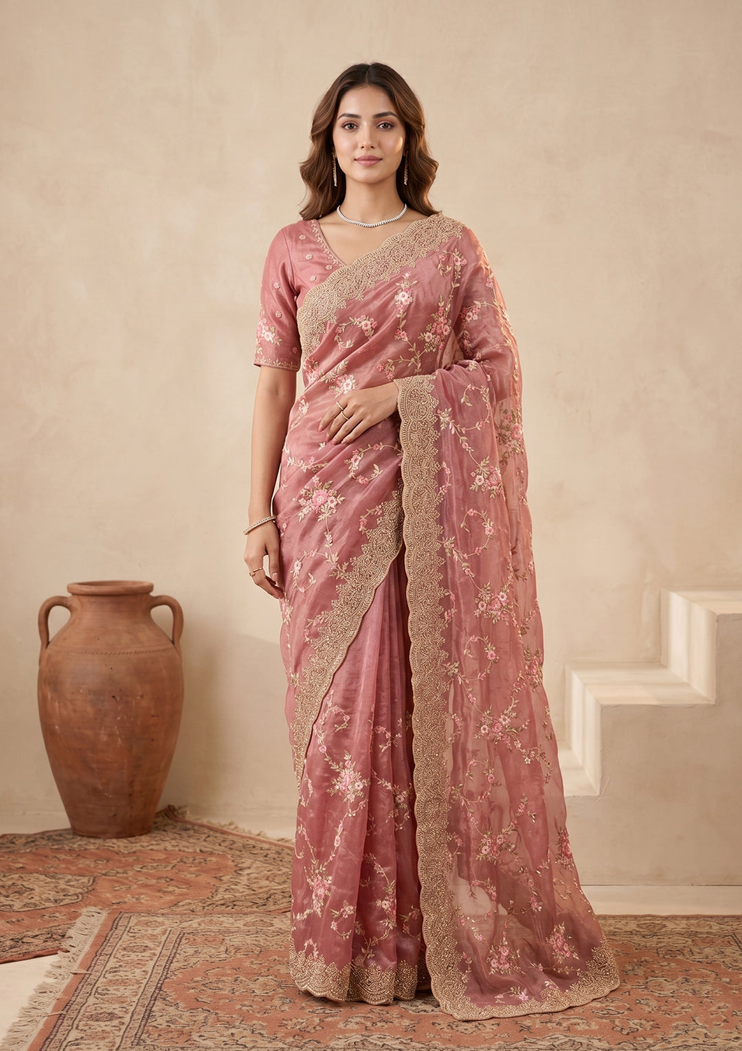 Pink Threadwork Tissue Saree