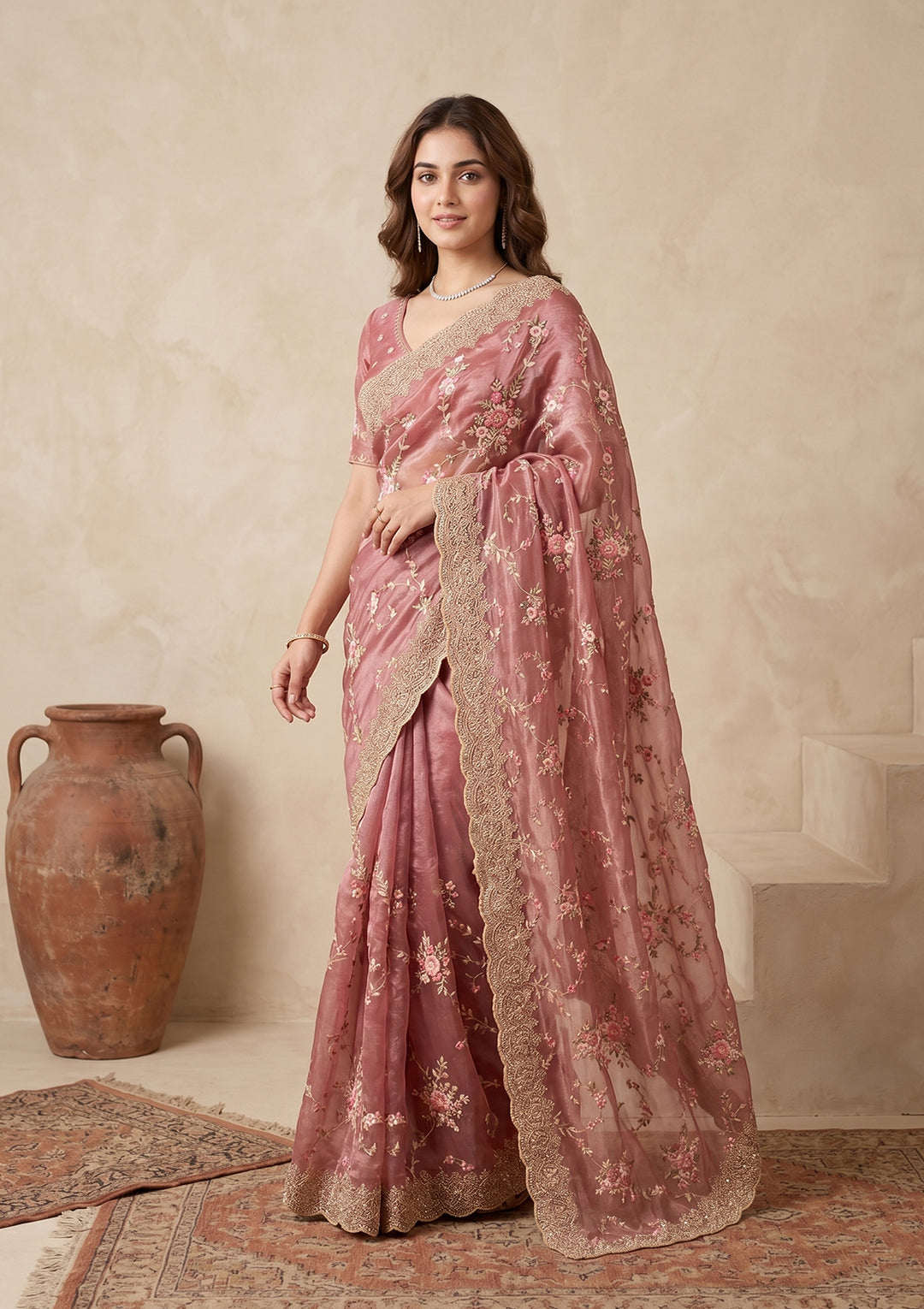 Pink Threadwork Tissue Saree