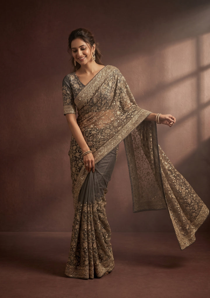 Grey Zariwork (Gold) Tissue Saree