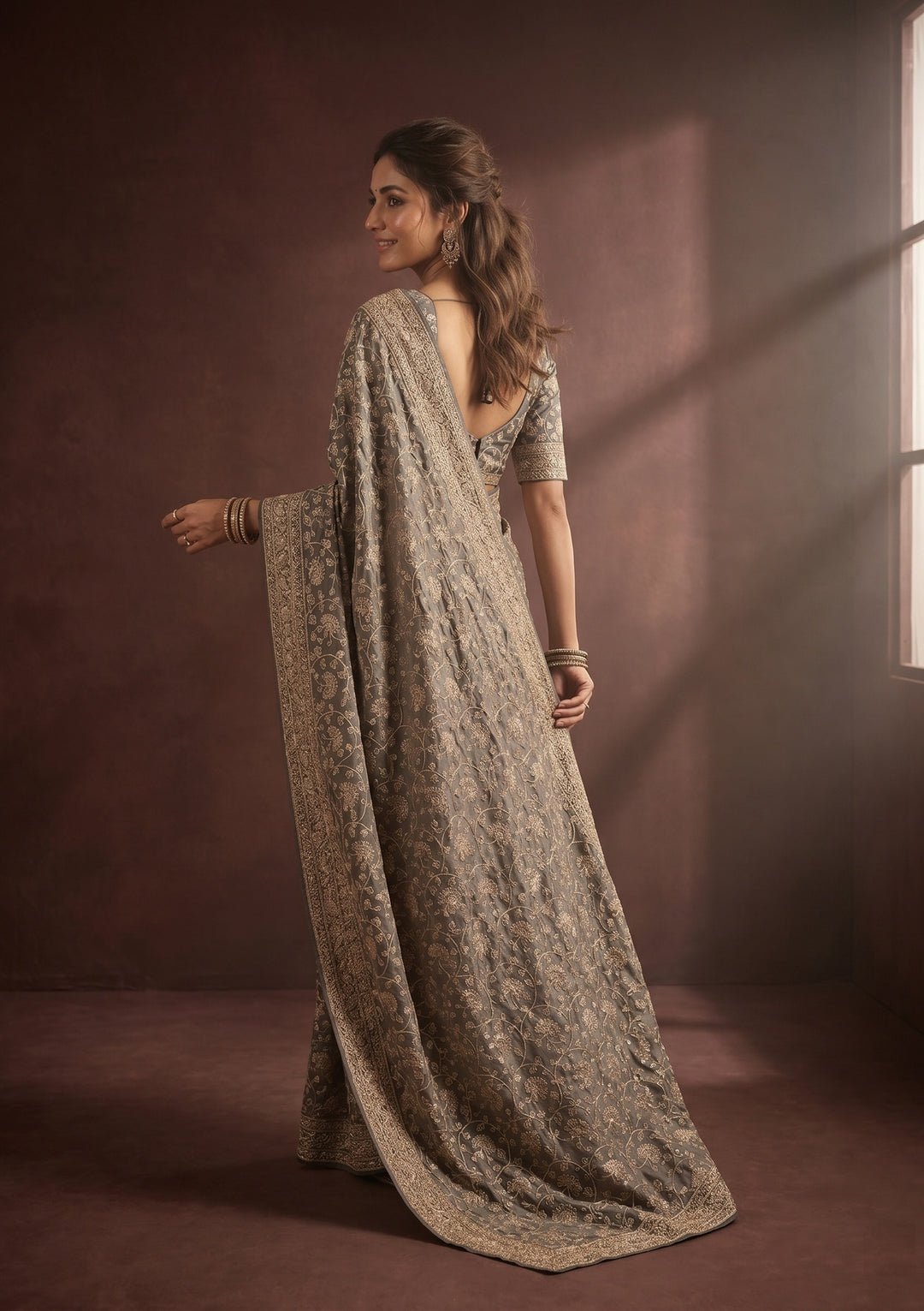 Grey Zariwork (Gold) Tissue Saree